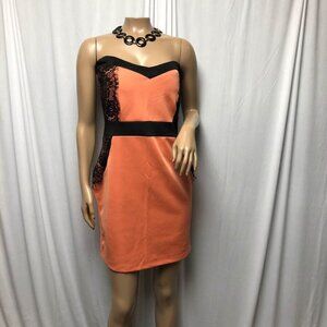 Rue21 Strapless Bodycon Dress Womens Size XL Orange Black Lace Stretchy Party